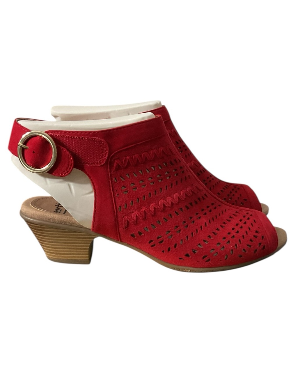 Earth “Carson Hamden” Red Suede Peep-Toe Slingback Mules 2” Heel